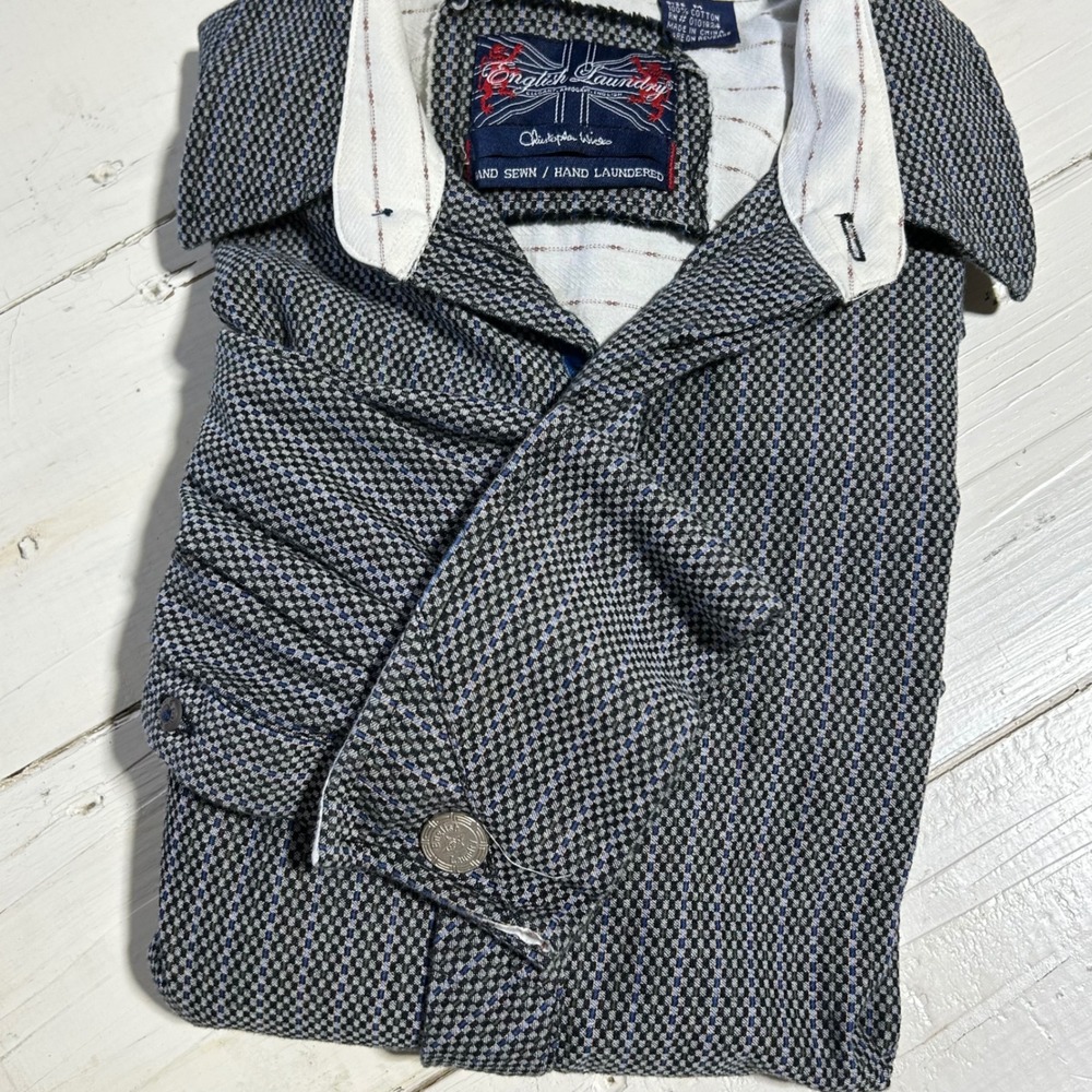 English Laundry‎ Mens Micro Check Long Sleeve Button Down Shirt Black Blue White